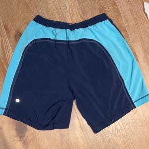 Lululemon Men Two Tone Aqua Blue Pace Breaker 9” Lined Athletic Workout Shorts